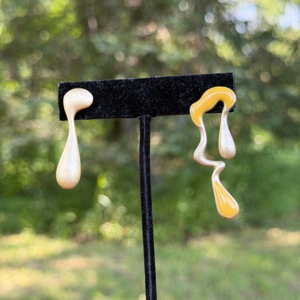 Abstract Asymmetrical Drop Earrings Gold Yellow Enamel Organic Melting Shape